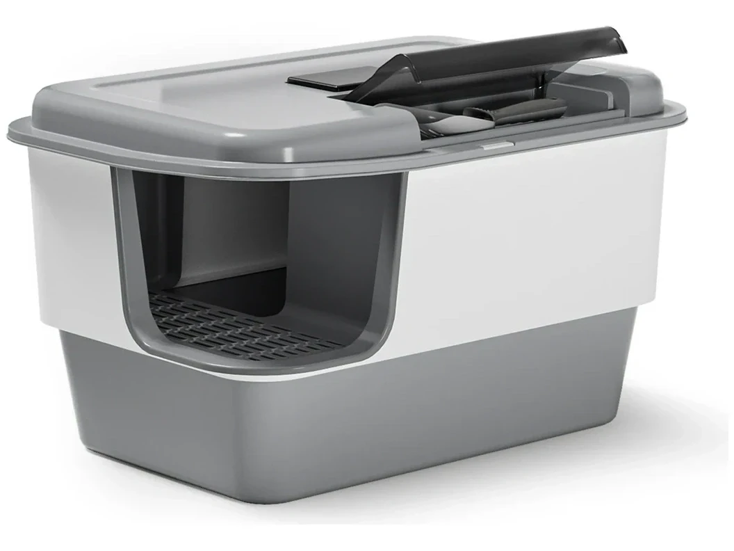 L-Shaped Entry Cat Litter Box with Scoop Storage image 1