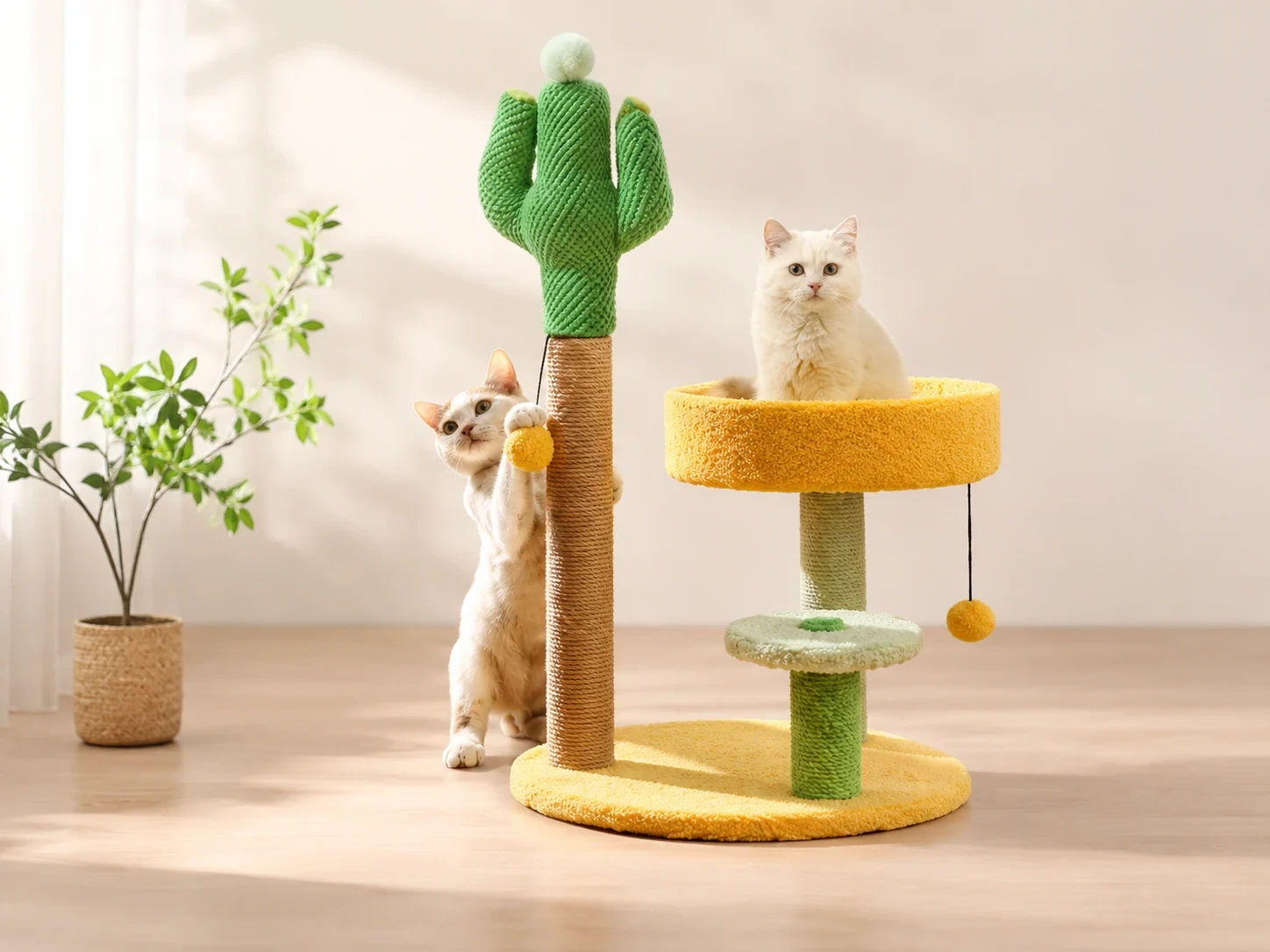 Cats using a colorful scratching tree