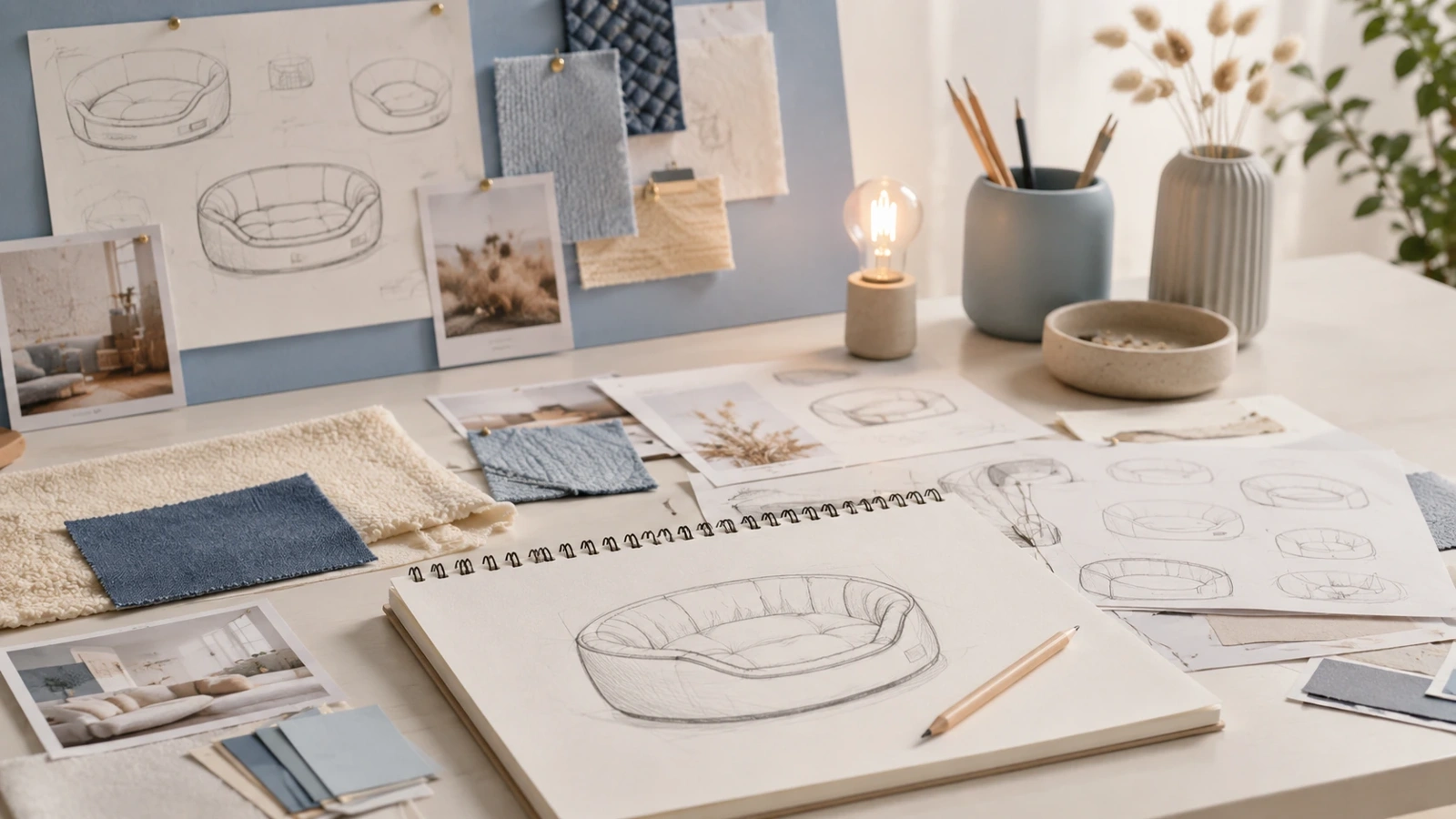 Pet bed concept sketches, fabric references and design materials arranged on a creative worktable.