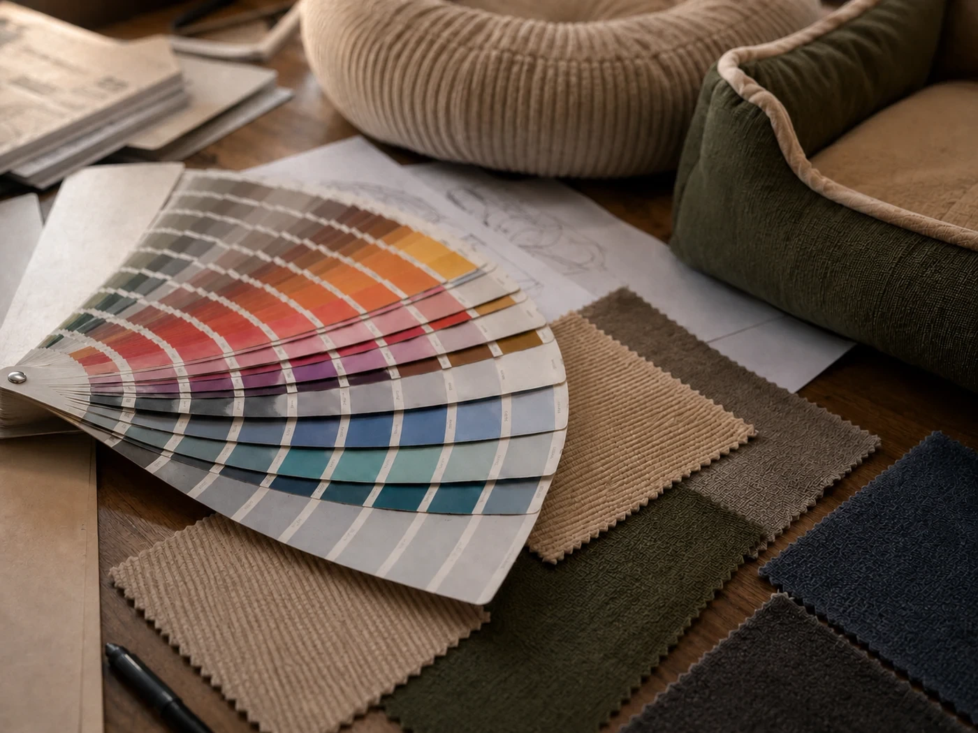 Color fan and fabric swatches for pet bed customization