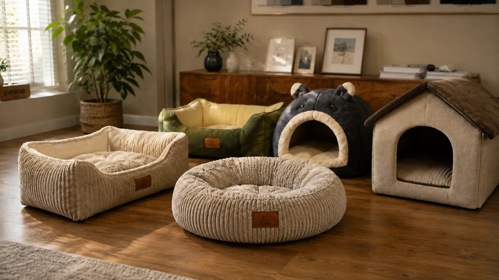 Coordinated pet beds and houses in the Everfar product showroom