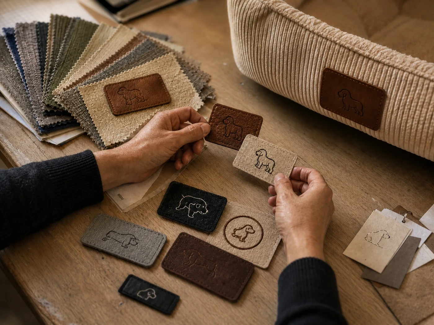 Logo patches and woven labels being reviewed for a pet product
