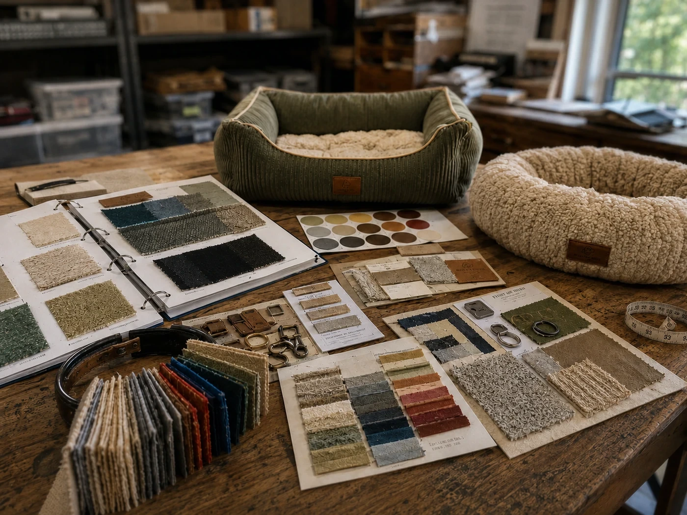 Pet bed materials, fabric swatches and hardware reviewed in a product studio