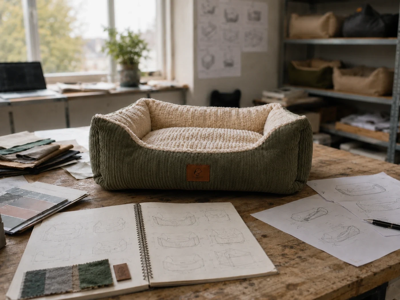 Pet bed prototype surrounded by product sketches in a design workshop