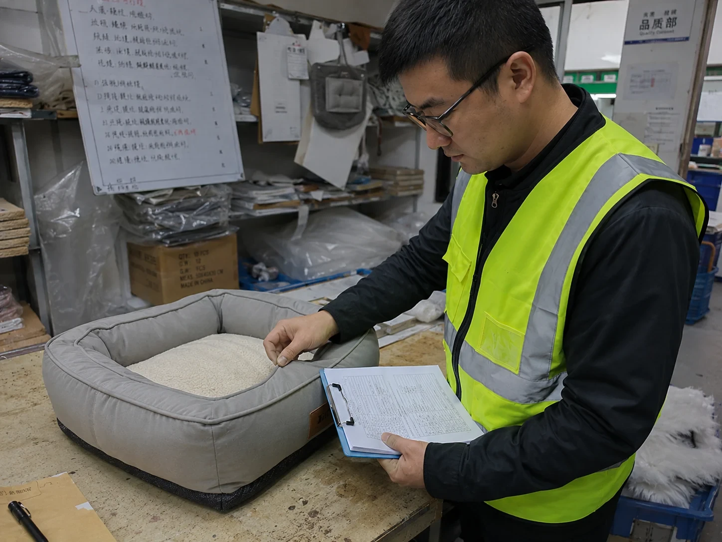 Inspector reviewing a pet bed against an approved sample checklist