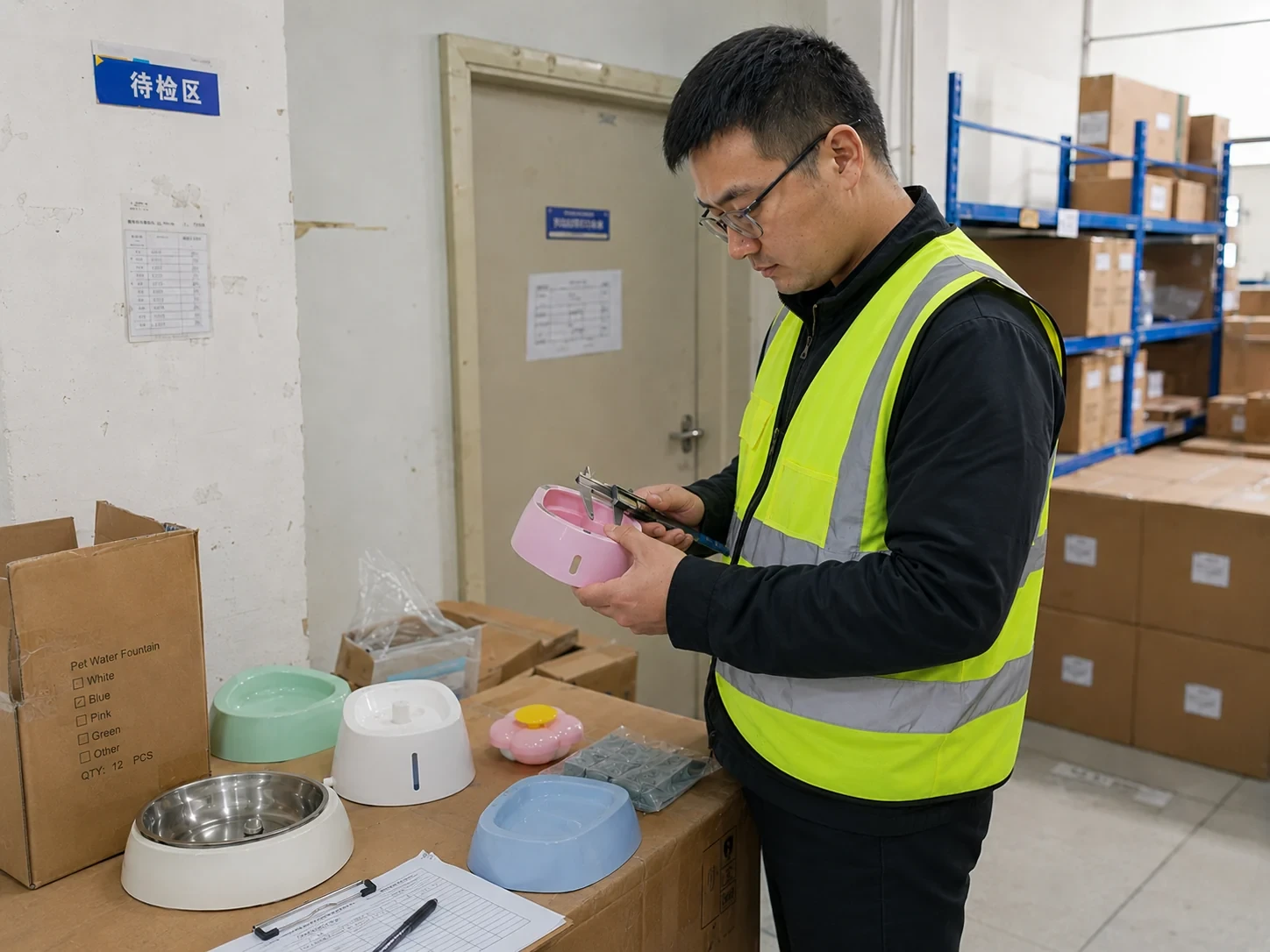 Inspector measuring a pet drinking product during production