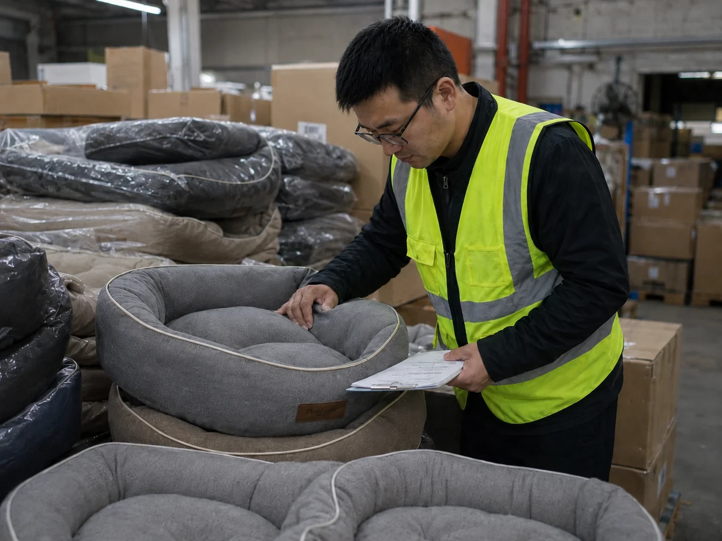 Inspector checking finished pet beds in the warehouse