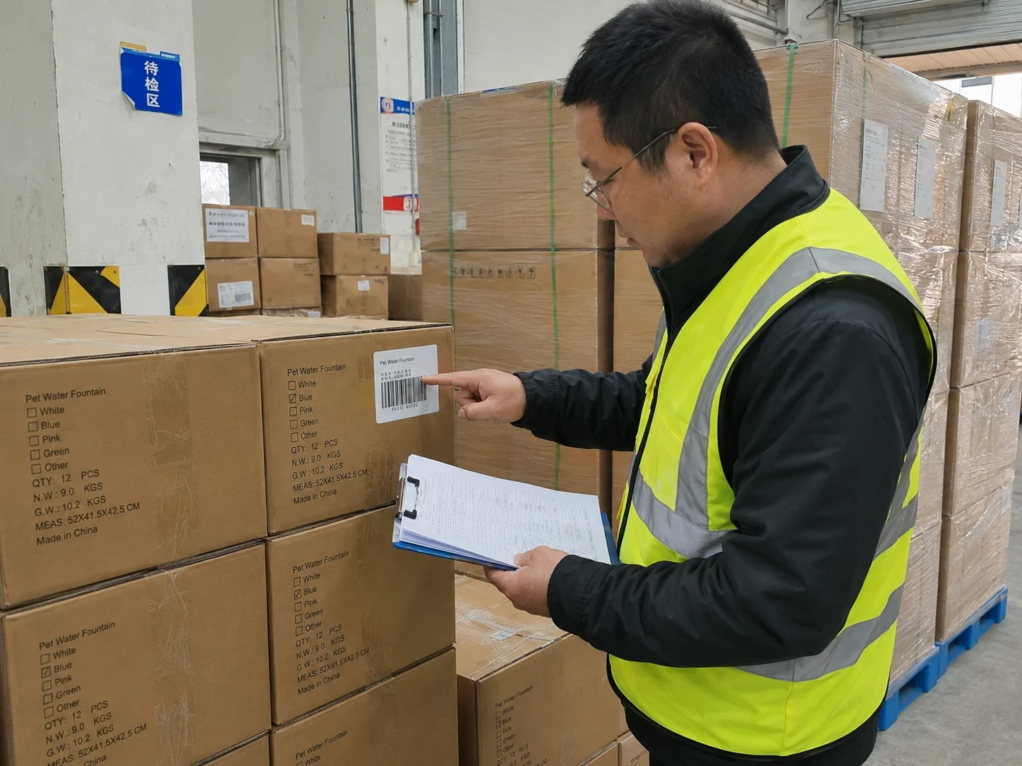 Inspector verifying shipping carton labels and packing records