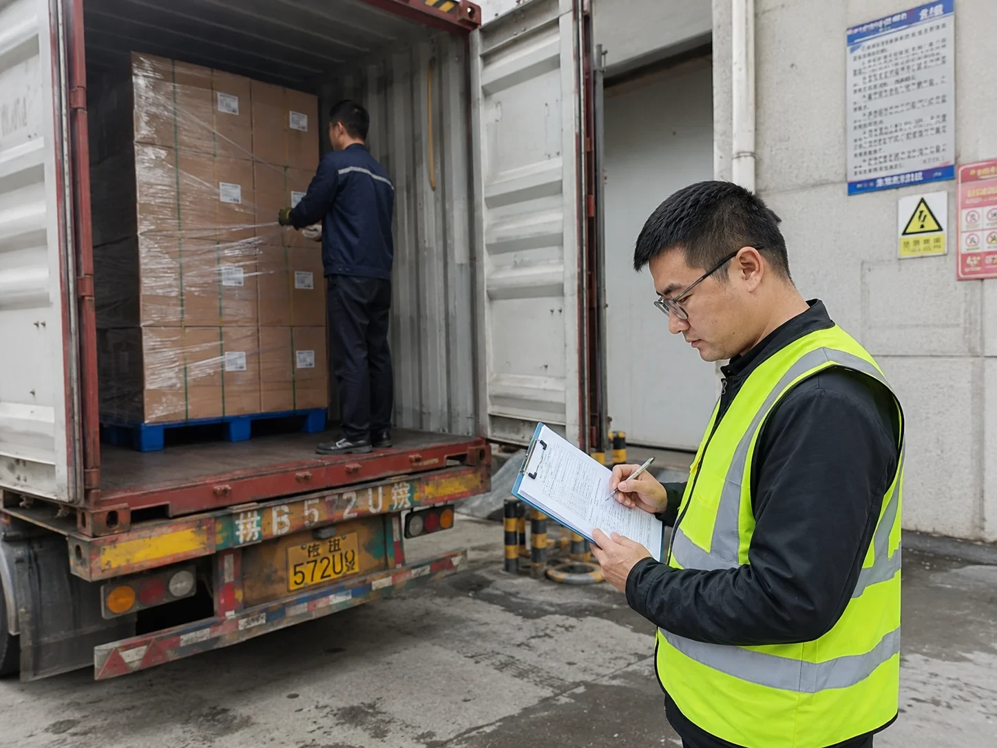 Inspector reviewing a container loading operation
